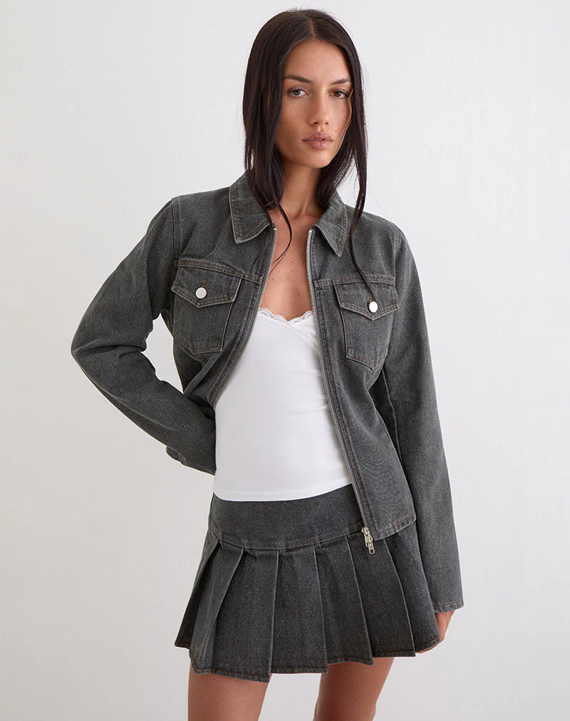 Casna Pleated Mini Skirt in Denim Grey Wash - Image 3