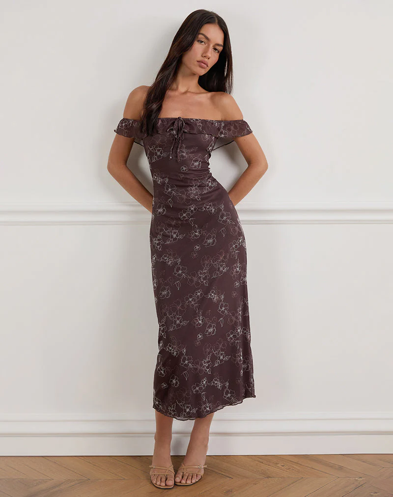 Catrin Midikleid in Doodle Flower Flock Braun