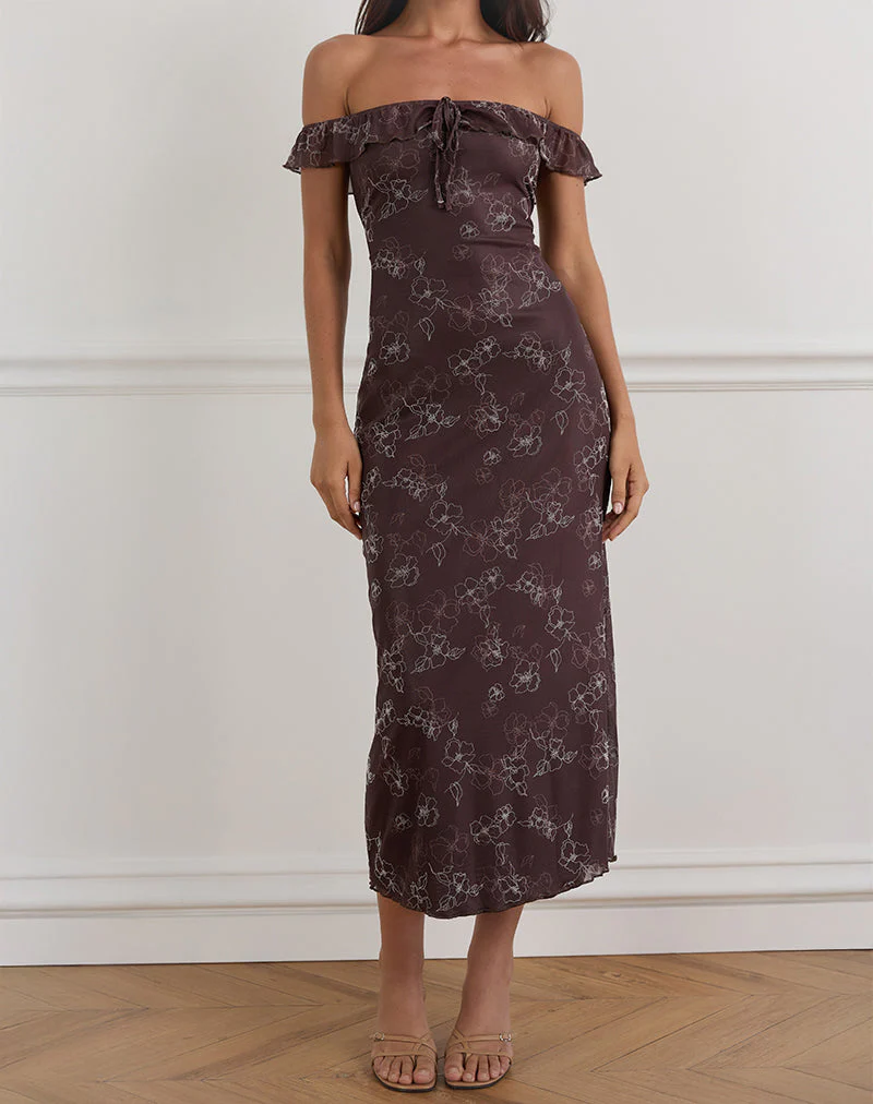 Catrin Midikleid in Doodle Flower Flock Braun - Image 2