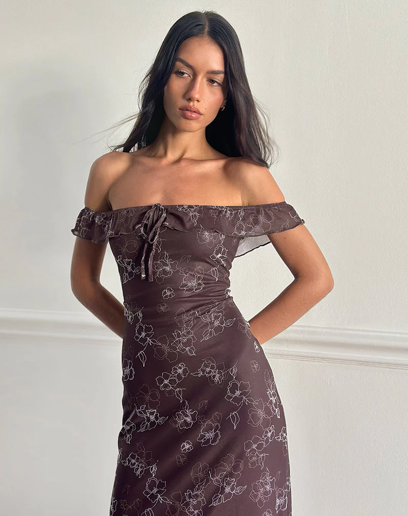 Catrin Midikleid in Doodle Flower Flock Braun - Image 3