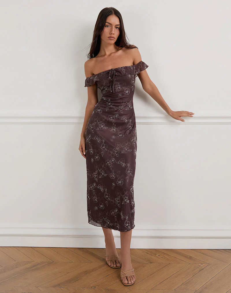 Catrin Midikleid in Doodle Flower Flock Braun - Image 4