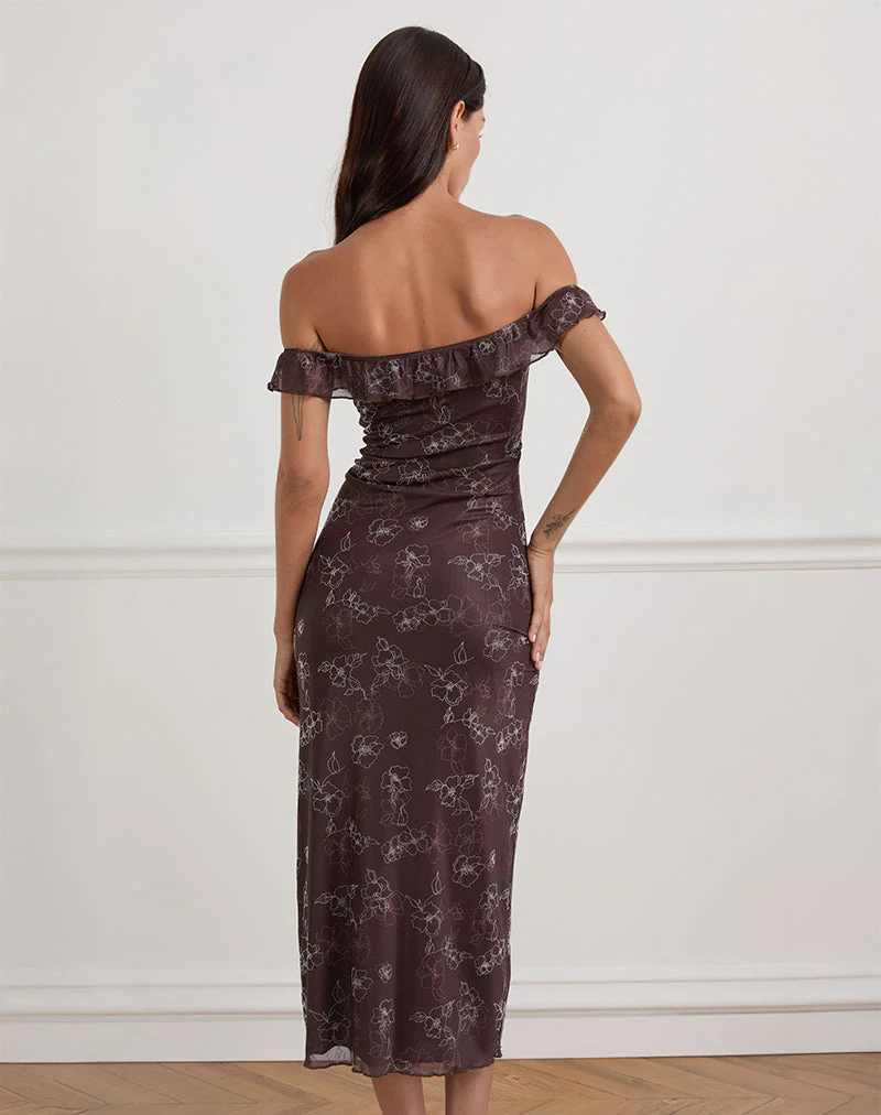 Catrin Midikleid in Doodle Flower Flock Braun - Image 5
