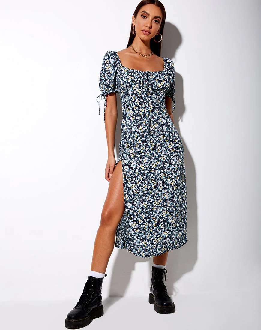 Cello-Midikleid aus geblümtem Feld in Navy - Image 3