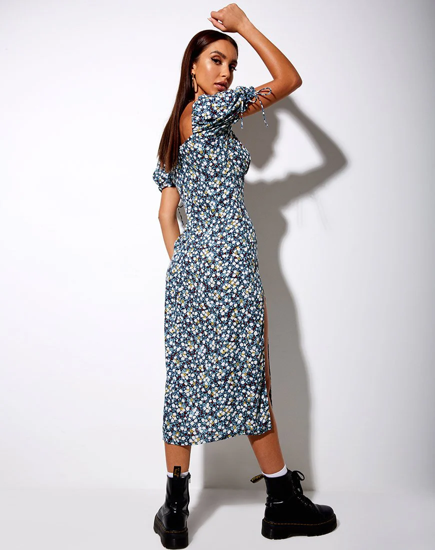 Cello-Midikleid aus geblümtem Feld in Navy - Image 4