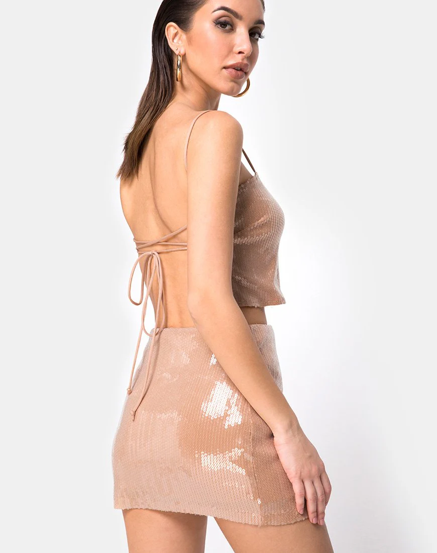Champo Crop Top in Camel mit klarem Paillettenbesatz - Image 2