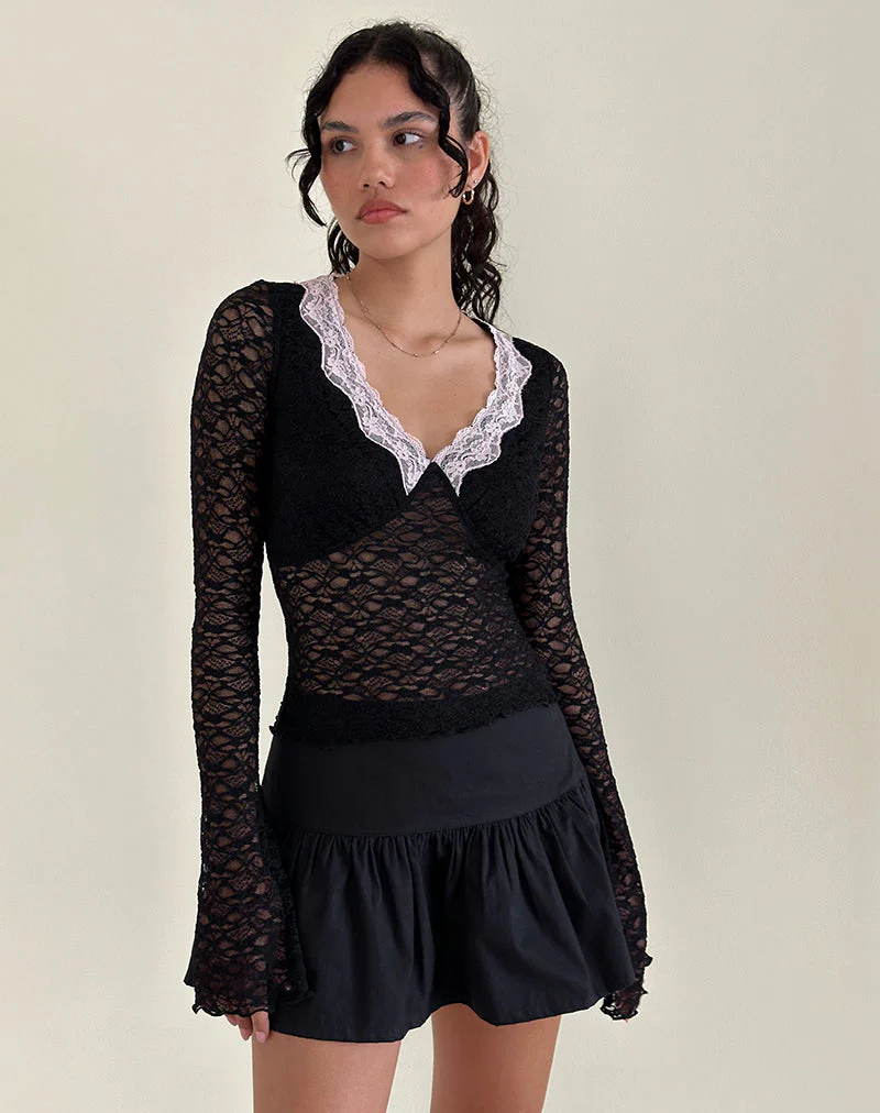 Chantal-Spitzen-Top in Schwarz mit rosa Zierleiste
