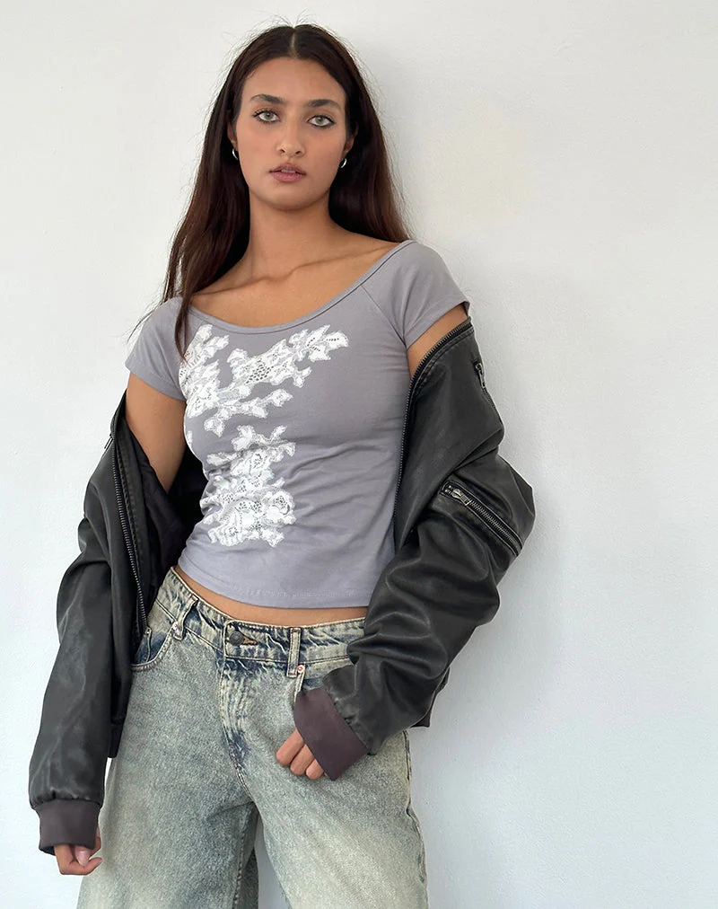 Charya Schulterfreies Top aus grauer floraler Spitze - Image 2