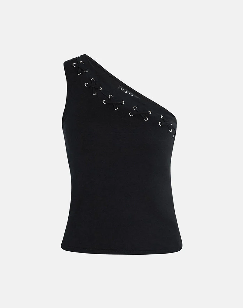 Chivago Cross Lace Up One Shoulder Top aus Jersey Schwarz - Image 6