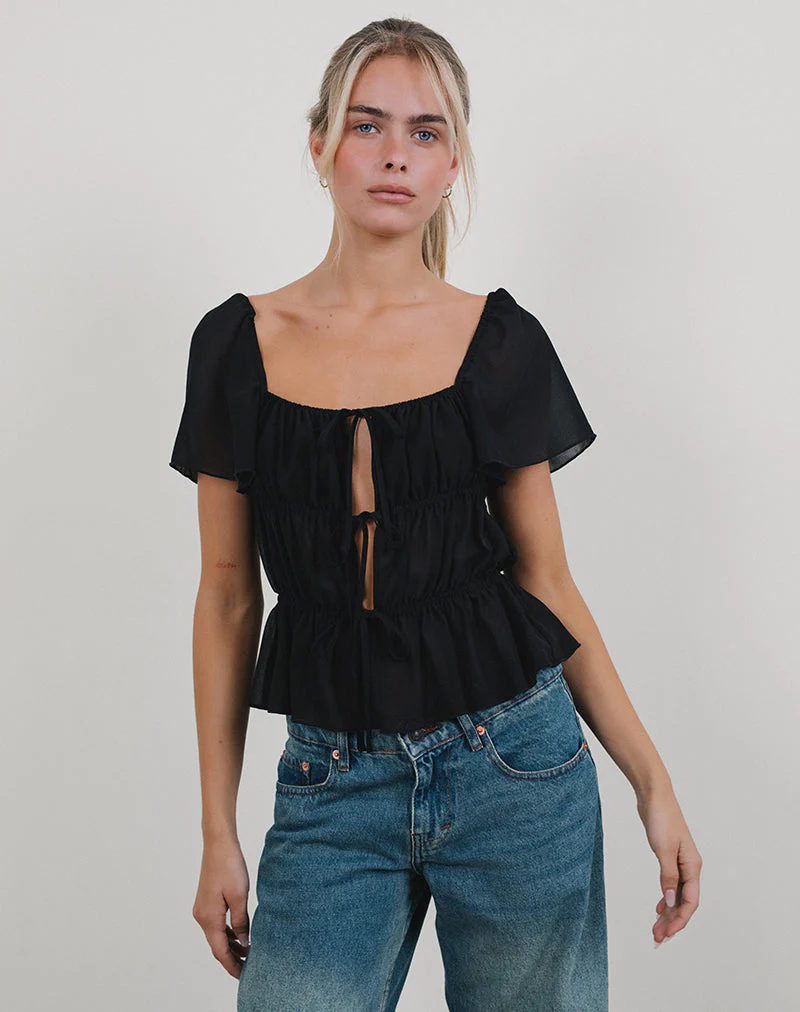 Cintan Tie Front Top in Schwarz - Image 2