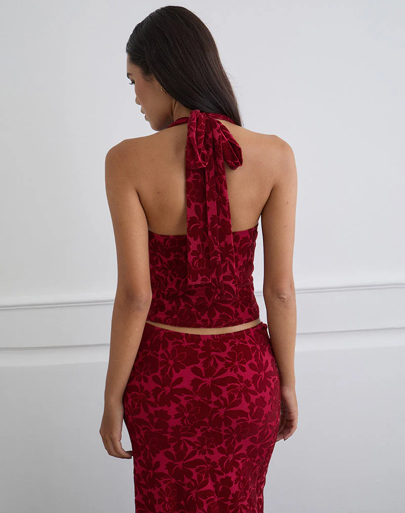 Clandy Cowl Top aus beflocktem Mesh Flower Cherry - Image 4