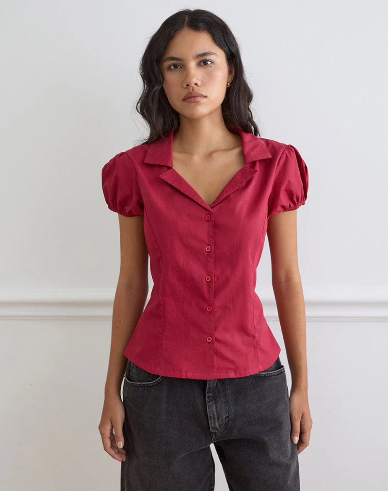 Cloma Fitted Blouse with Puff Sleeves in Adrenaline Red - Image 3