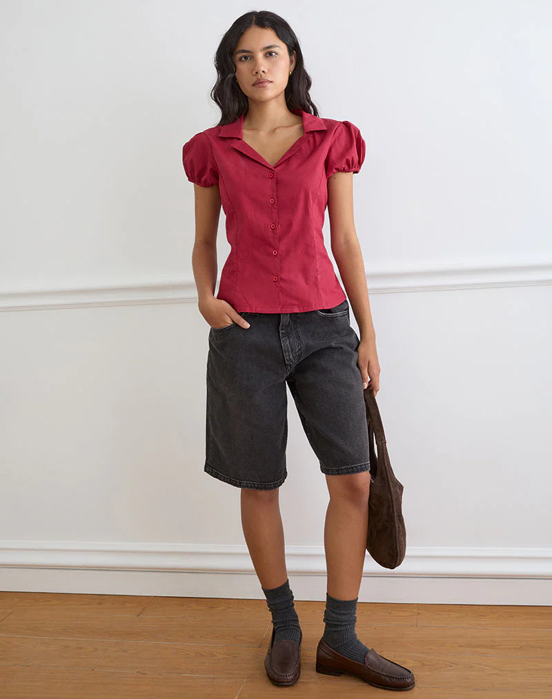 Cloma Fitted Blouse with Puff Sleeves in Adrenaline Red - Image 5