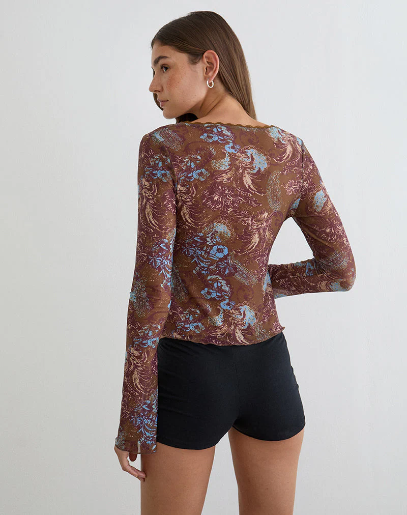 Concetta Long Sleeve Top in Feathery Paisley Brown - Image 3