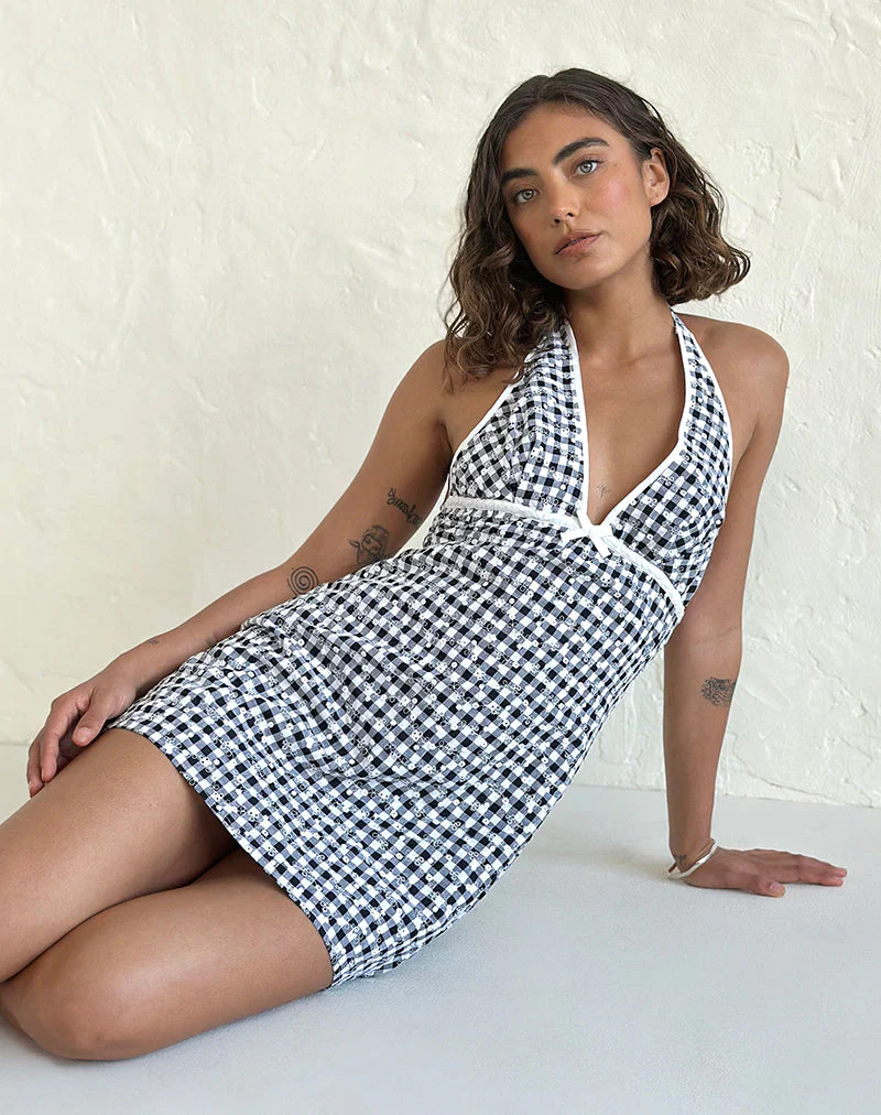 Corla Minikleid aus schwarzem Gingham mit Blumenmuster