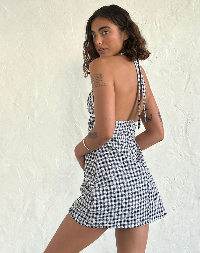 Corla Minikleid aus schwarzem Gingham mit Blumenmuster - Image 3