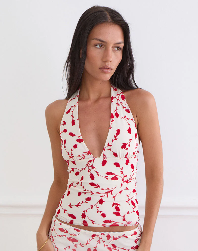Corsita Top in Cream with Red Leafy Lily Flock