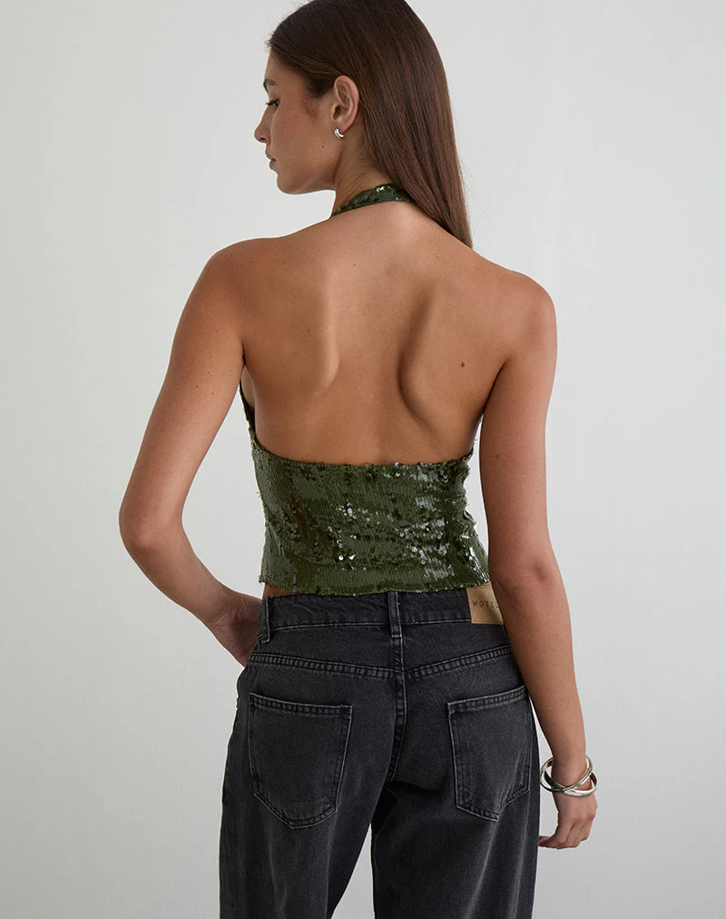 Cosio Neckholder-Top in Mix Sequin Khaki - Image 5