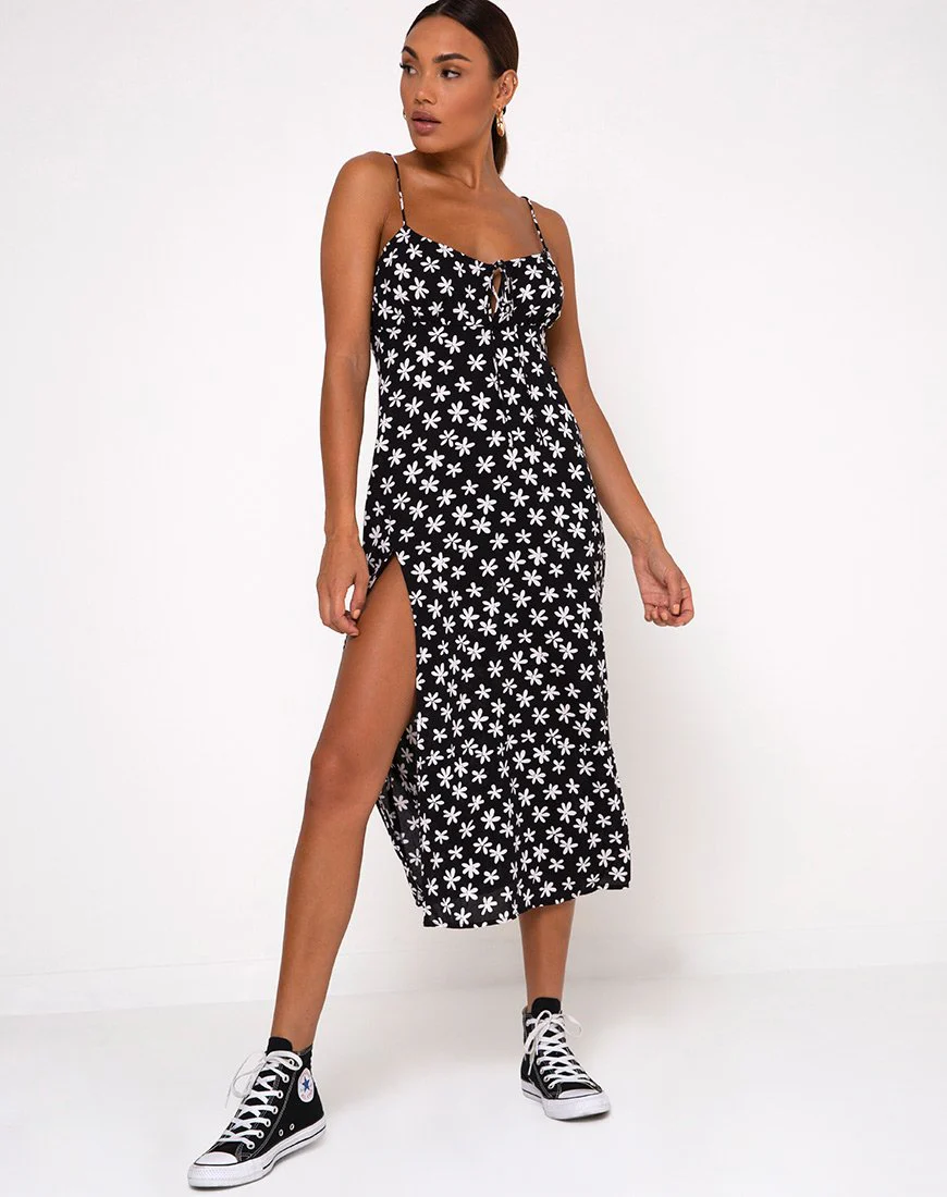 Cypress Midikleid in 90er Jahre Daisy Schwarz und Weiß