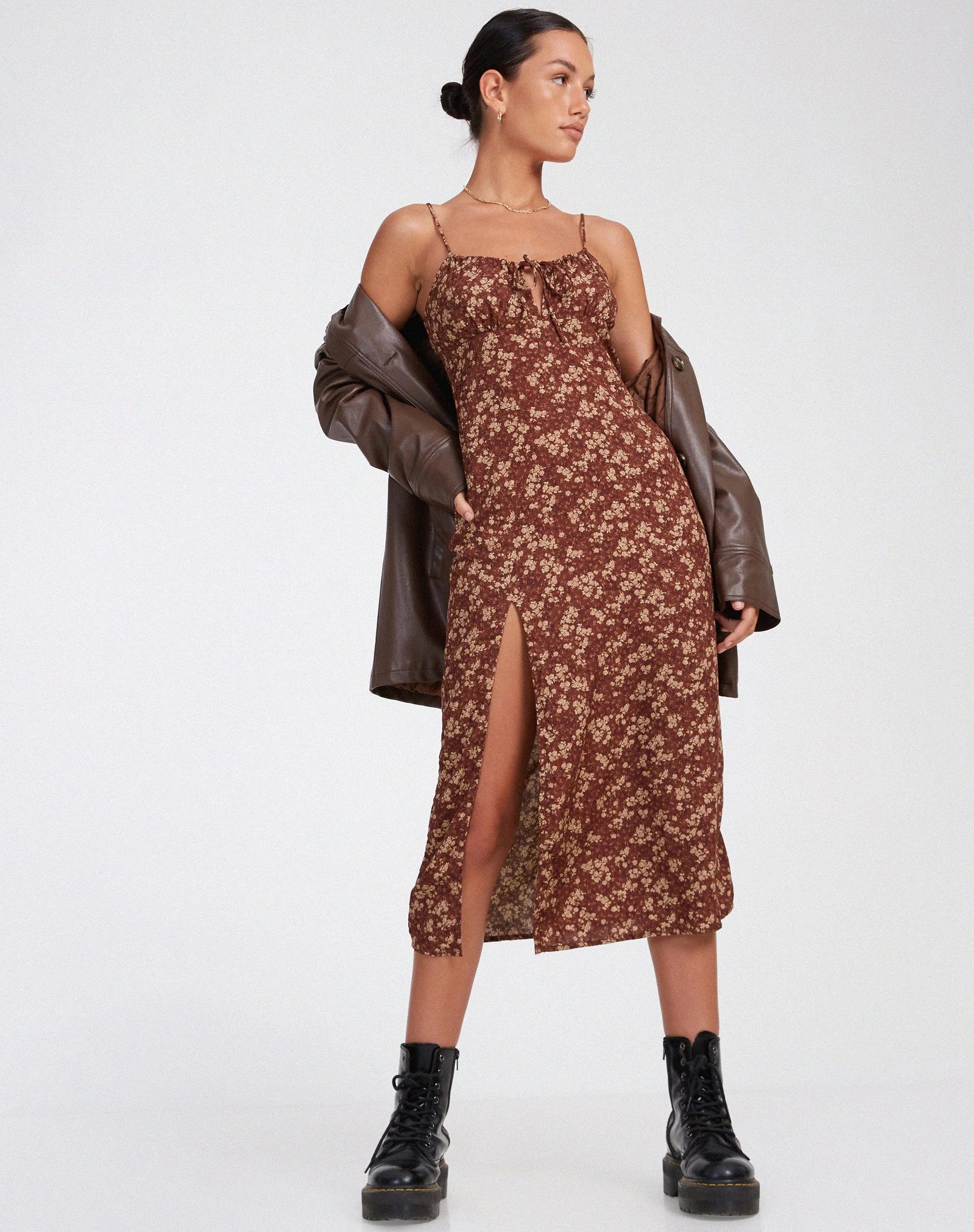 Cypress Maxikleid in erdig-blumigem Braun