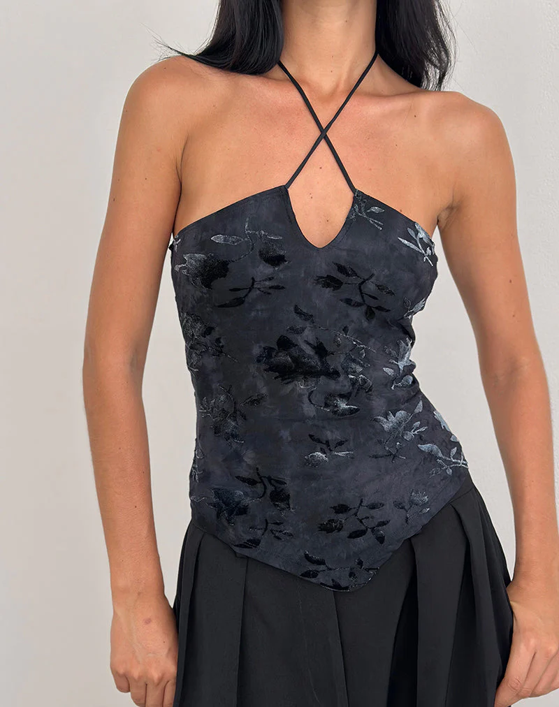 Daiki Neckholder-Top aus Blattsamt Dunkelblau - Image 3