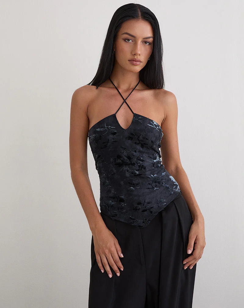 Daiki Neckholder-Top aus Blattsamt Dunkelblau - Image 4