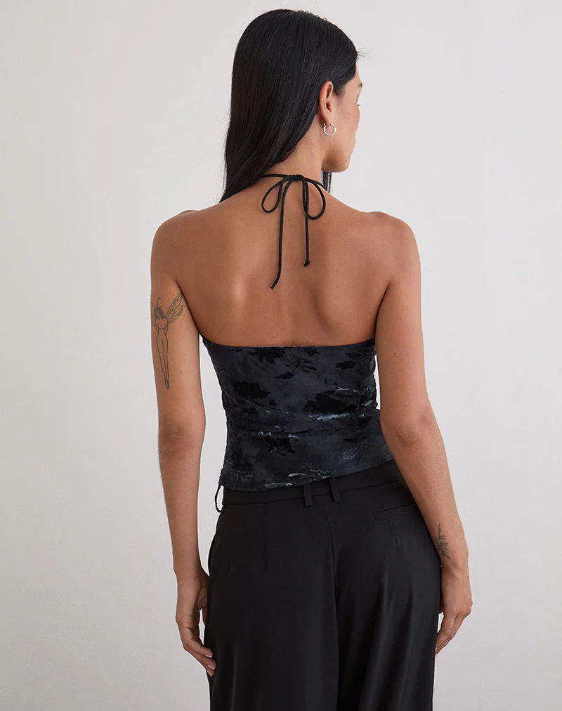 Daiki Neckholder-Top aus Blattsamt Dunkelblau - Image 5