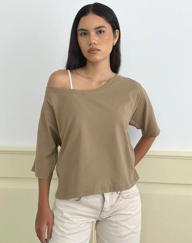 Daimin Schulternahes Oberteil aus Jersey in Khaki - Image 3