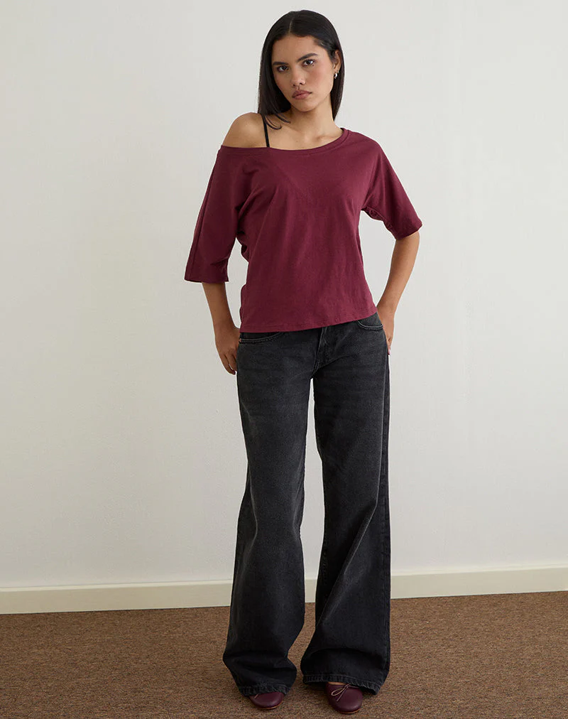 Daimin Schulterfreies Top aus Jersey in Maroon - Image 3