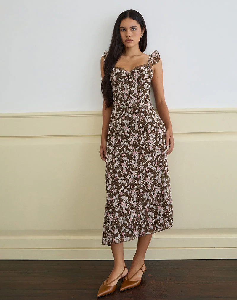 Daita Midikleid aus Chiffon Polka Flower Braun