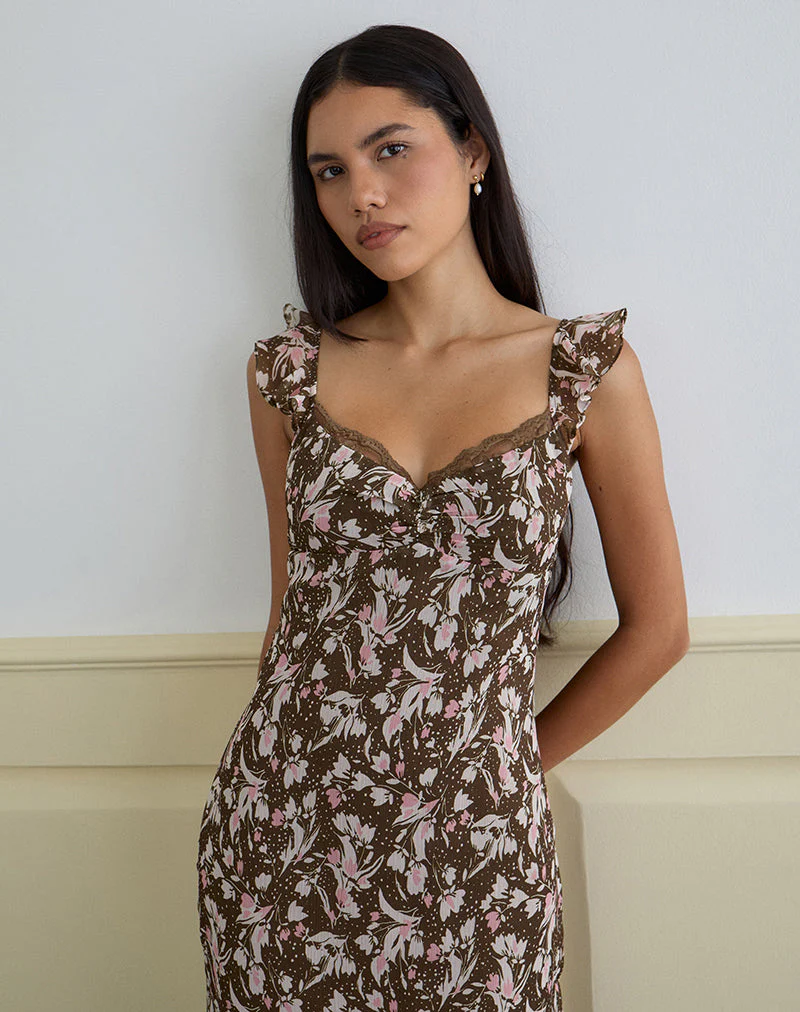 Daita Midikleid aus Chiffon Polka Flower Braun - Image 2