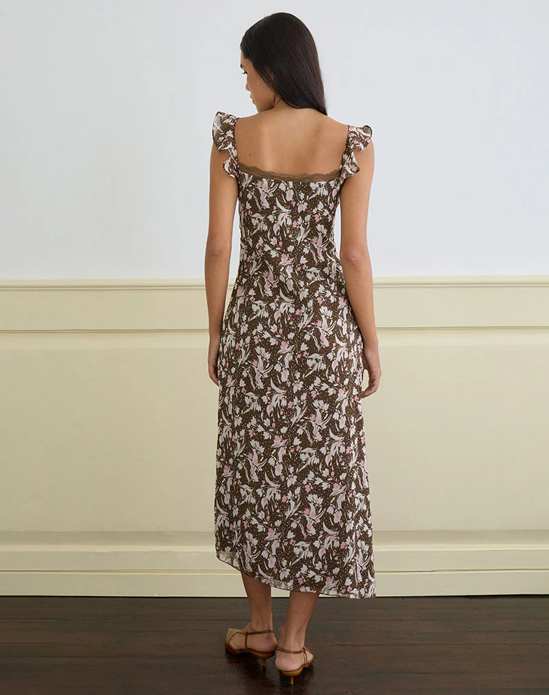 Daita Midikleid aus Chiffon Polka Flower Braun - Image 4