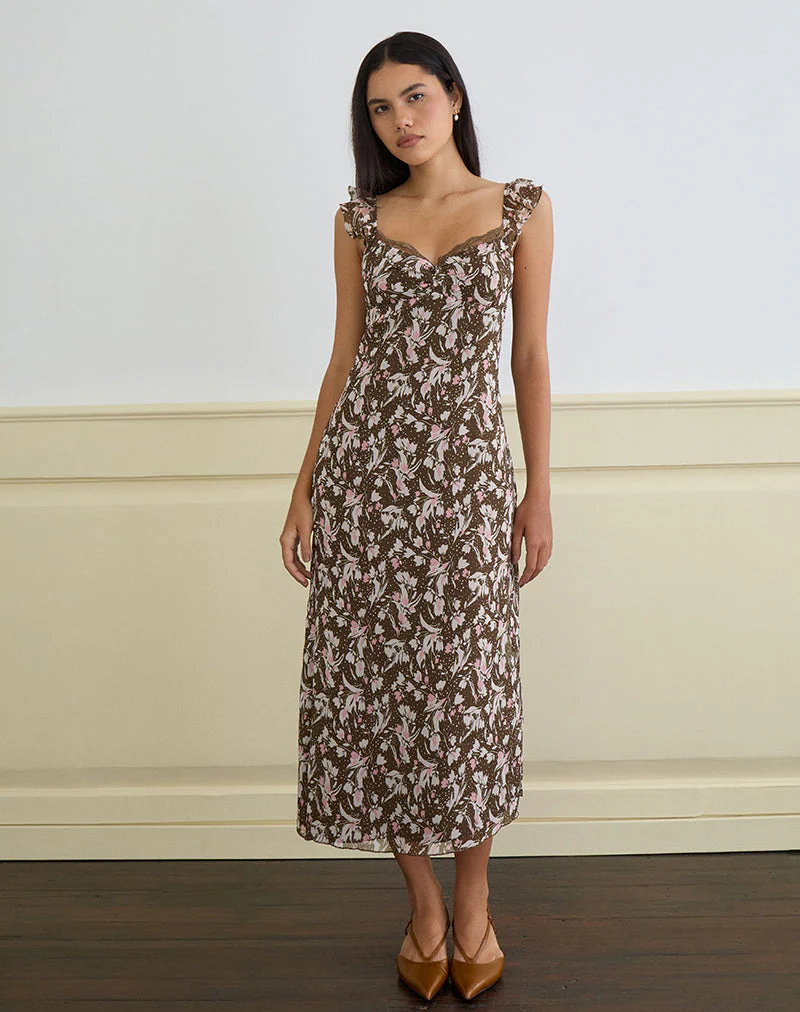 Daita Midikleid aus Chiffon Polka Flower Braun - Image 5