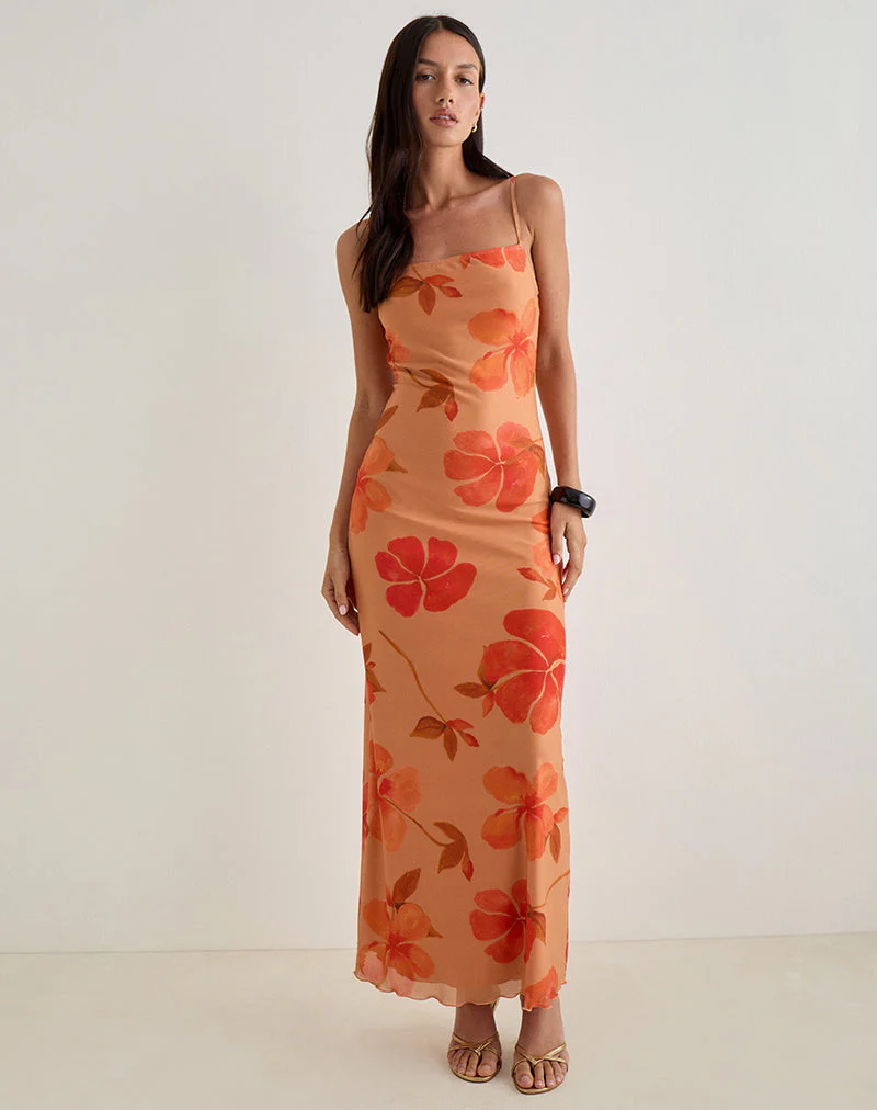 Dalesio Maxikleid in Aquarell Hibiskus Orange - Image 3