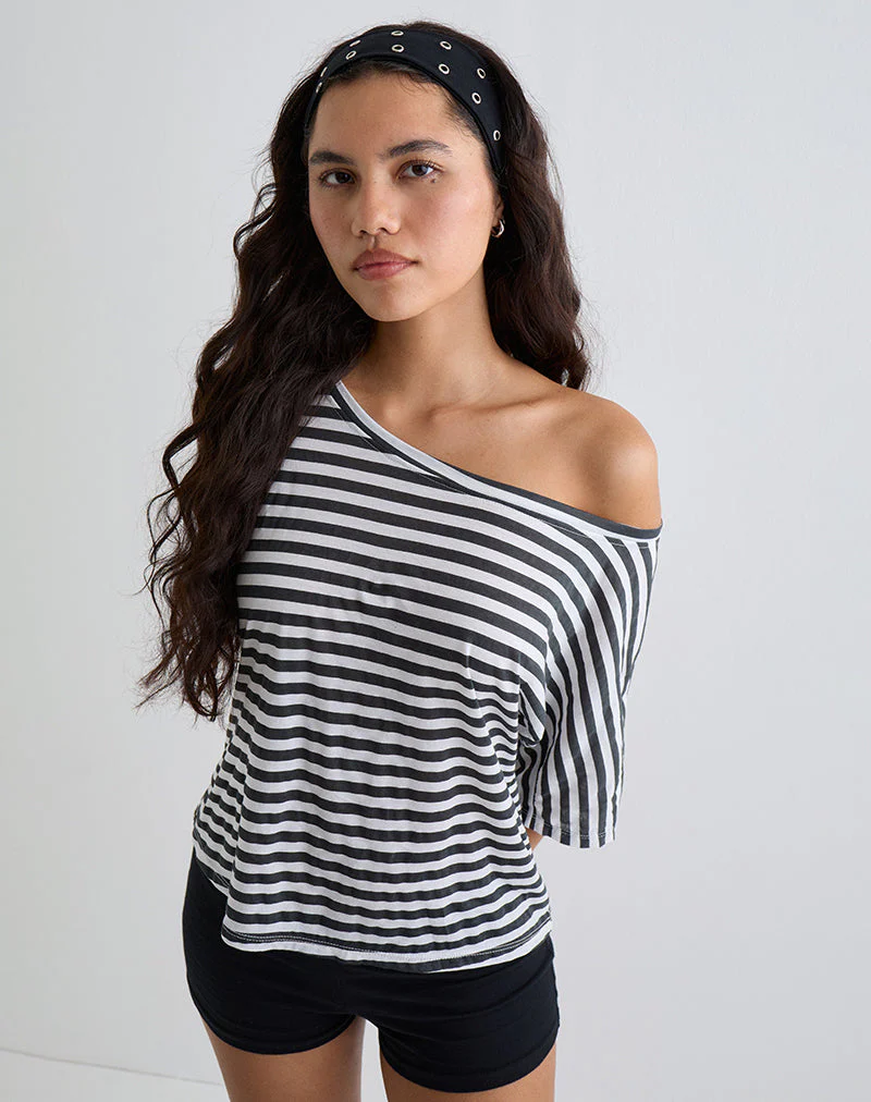 Daman schulterfreies Basic-Top in Elfenbein mit anthrazitfarbenen Streifen - Image 3