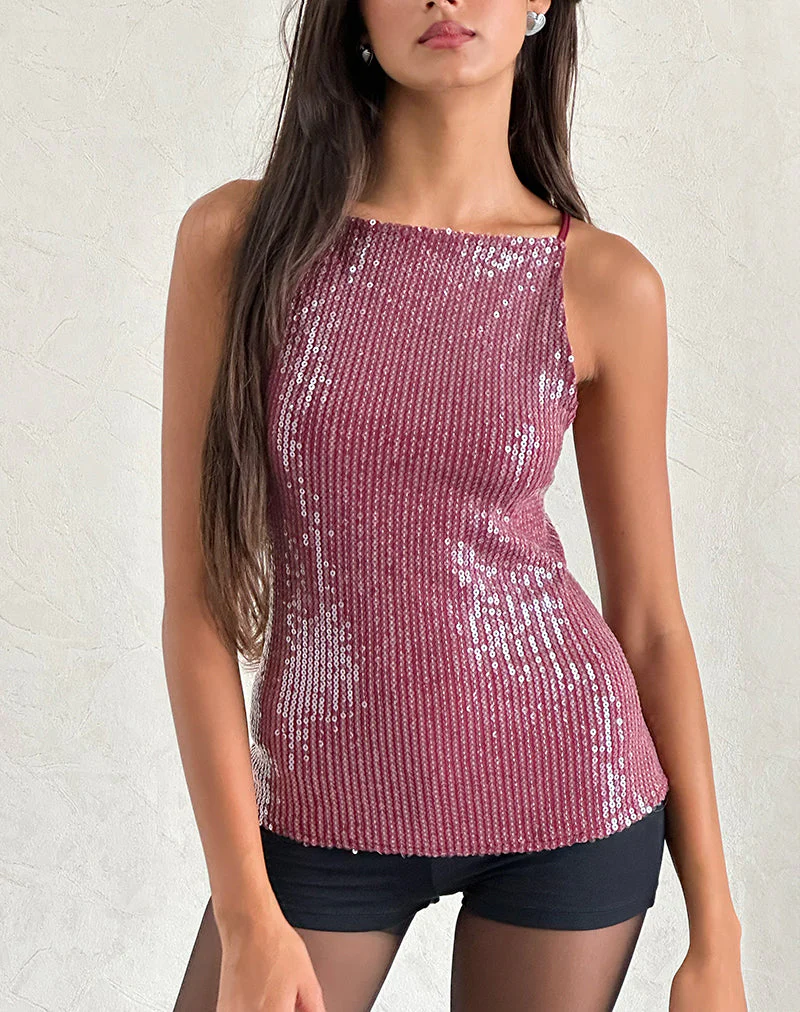 Damske Vest Top aus klarem Paillettenstoff Maroon - Image 5