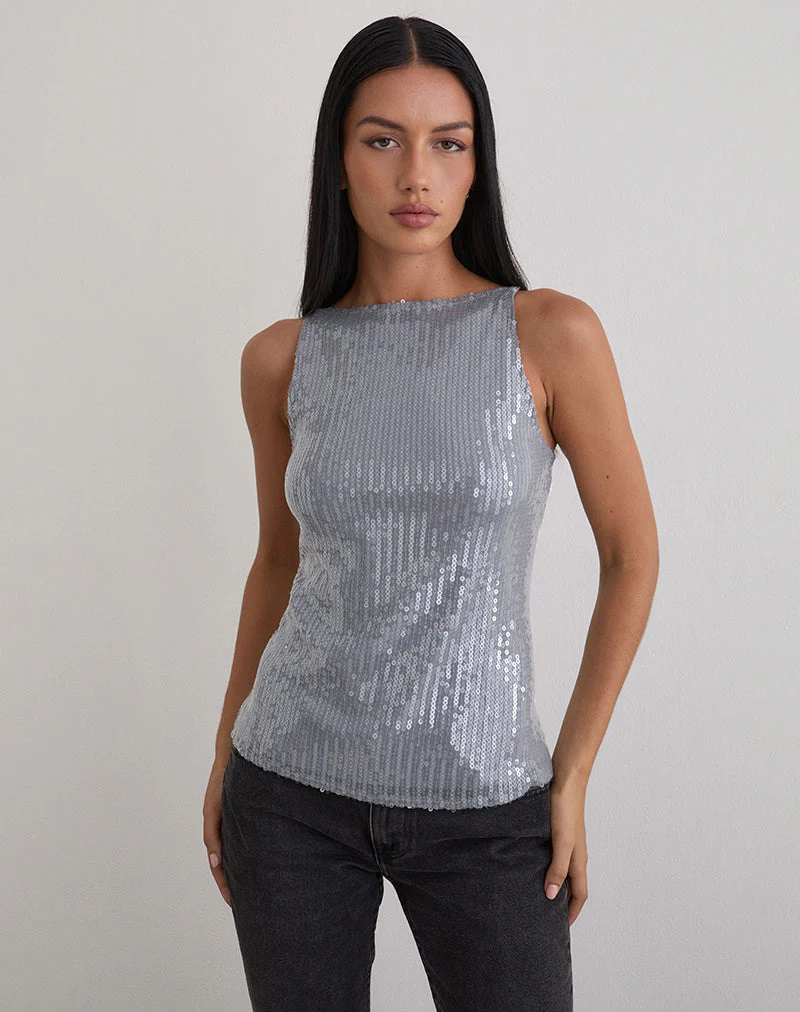 Damske Vest Top aus durchsichtigem, getöntem Paillettengrau