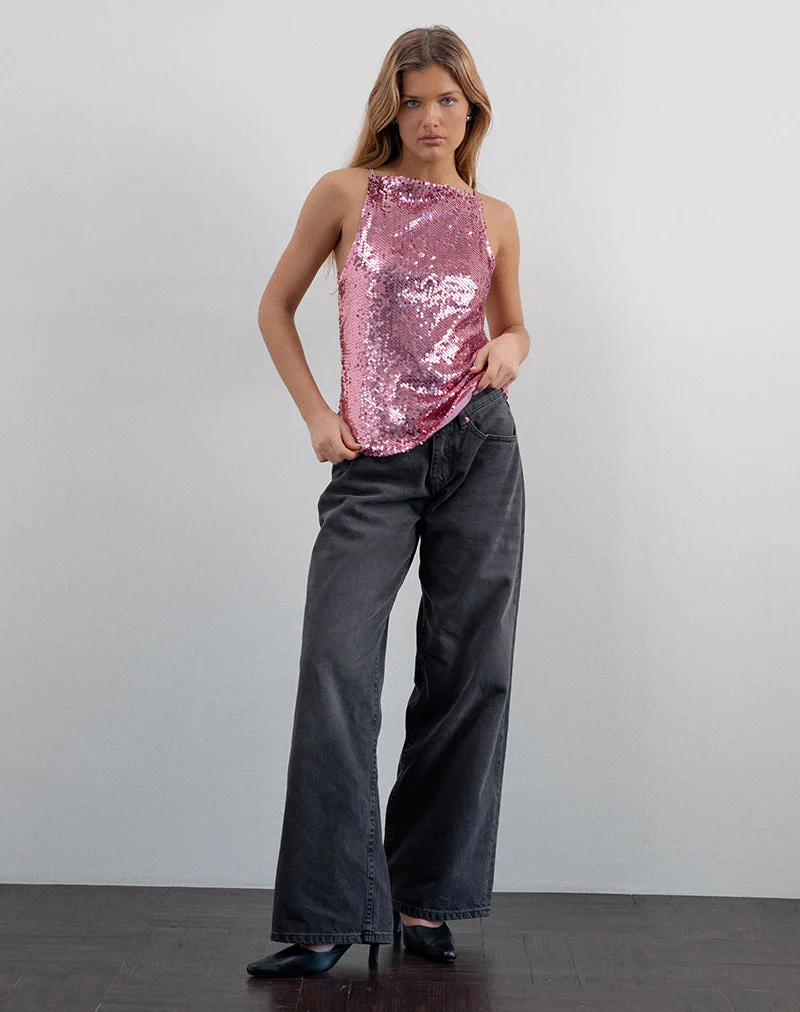 Damske Vest Top in Rosa Pailletten - Image 2