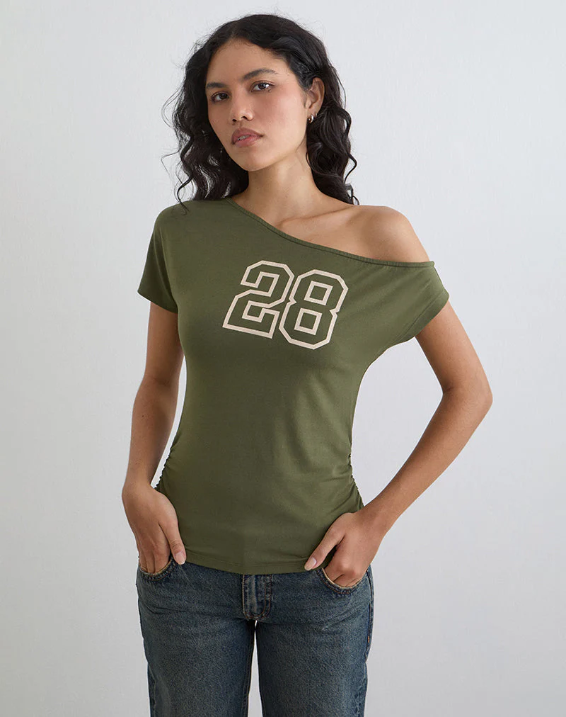 Danama One-Shoulder-Top aus Rayon-Jersey in Traubenblau mit „28”-Grafik - Image 3