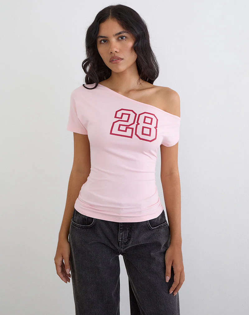 Danama One-Shoulder-Top aus Rayon-Jersey in Hellrosa mit „28”-Grafik