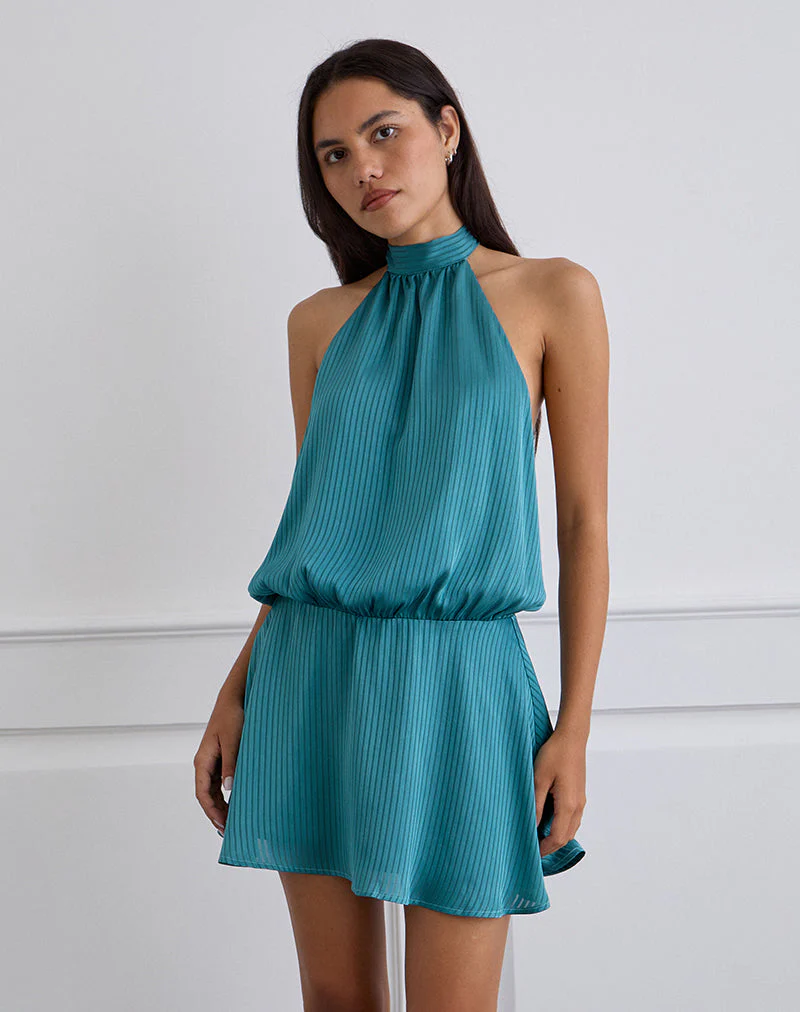 Davina Minikleid aus gestreiftem Satin Teal - Image 5