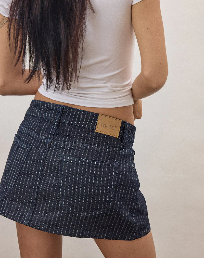Denim Mini Skirt in Stripe Indigo - Image 4
