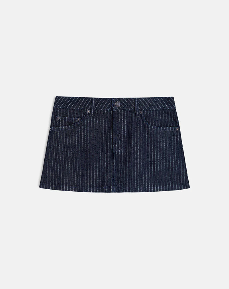 Denim Mini Skirt in Stripe Indigo - Image 5