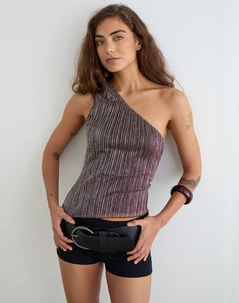 Dirsa One Shoulder Asymmetric Top in Plisse Brown - Image 5