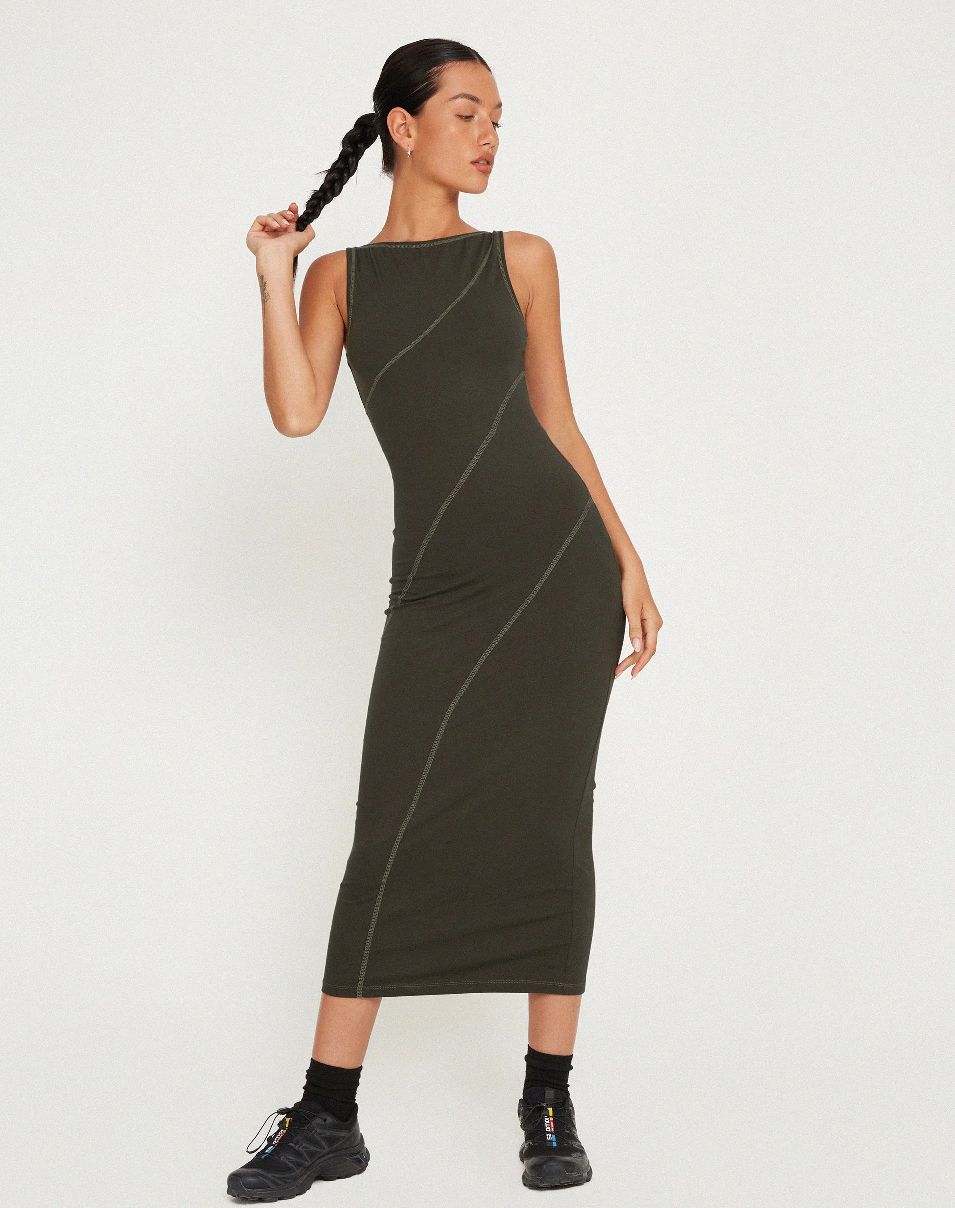 Driki Midikleid in Gunmetal mit grauer Steppnaht - Image 2