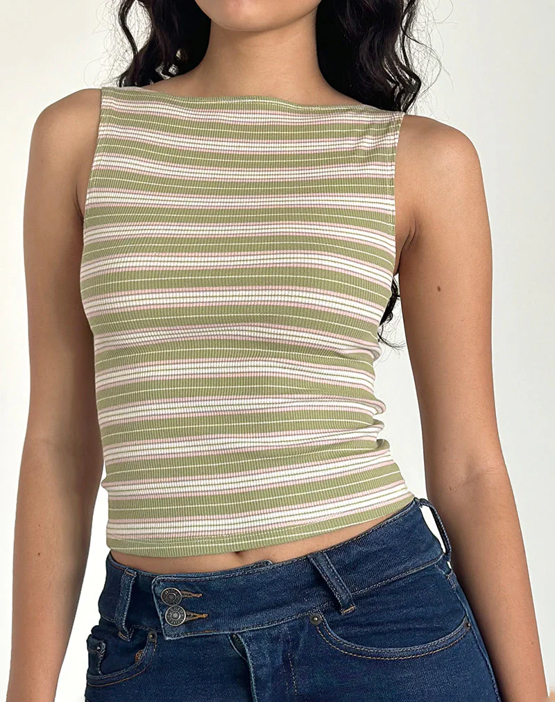 Dudley Vest Top in Grün, Rosa und Weiß gestreift - Image 2