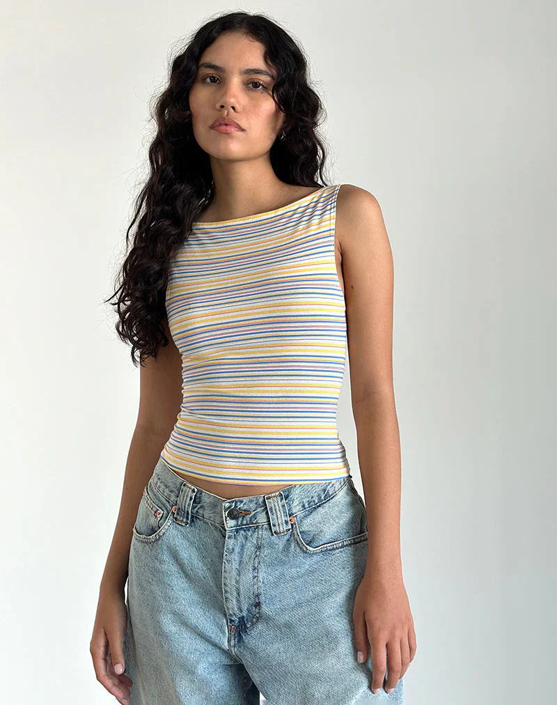 Dudley Vest Top in Blau, Weiß und Gelb gestreift - Image 2