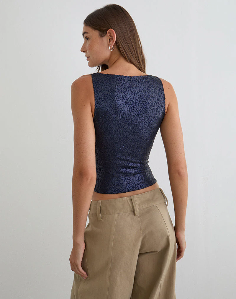 Dudley Vest Top in Drape Sequin Navy - Image 6