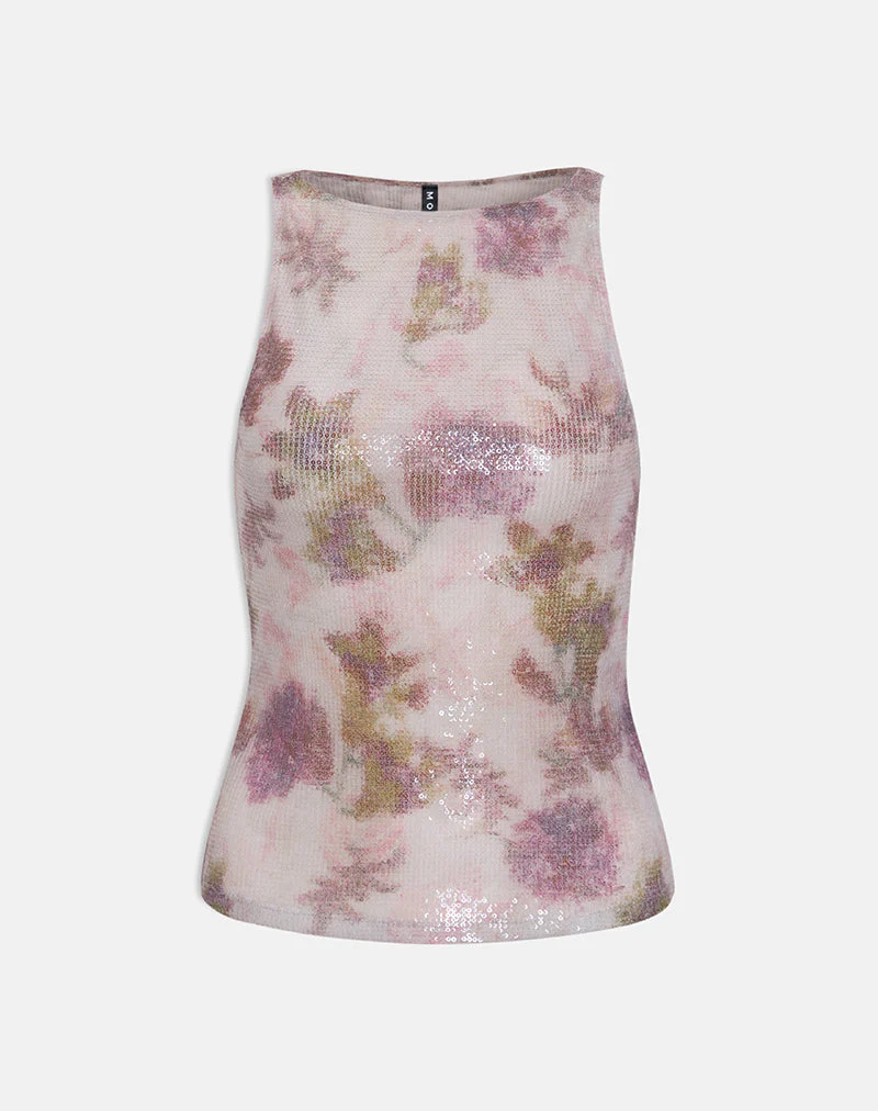 Dudley Vest Top in Floral Sequin White and Purple - Image 2