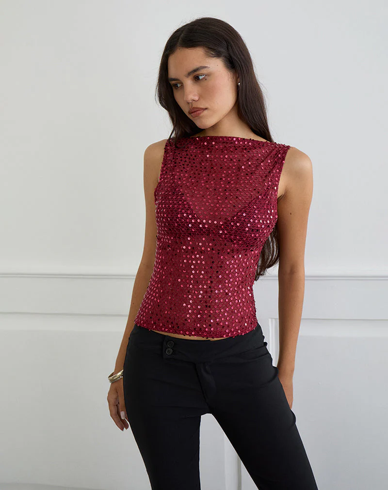 Dudley Vest Top aus Paillettenstrick in Burgund - Image 3