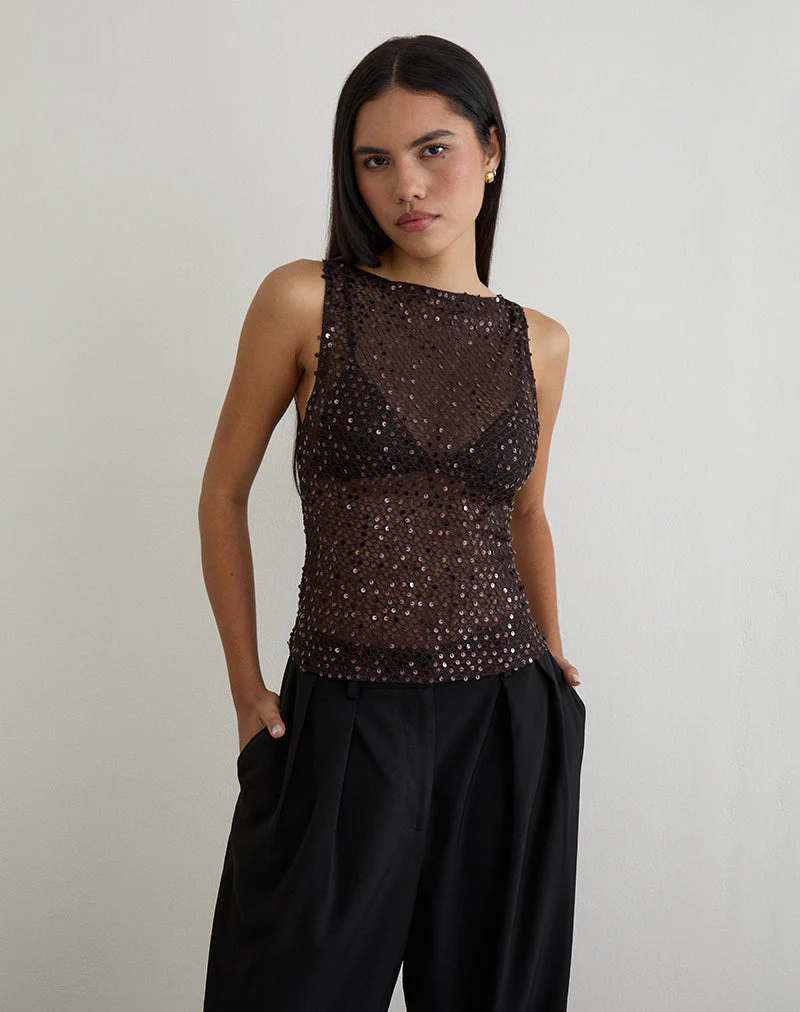 Dudley Vest Top aus Paillettenstrick Kaffee